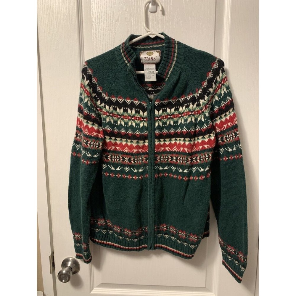 TIARA International Womens Green Red Zip Up Cardigan Sweater Size Medium I165